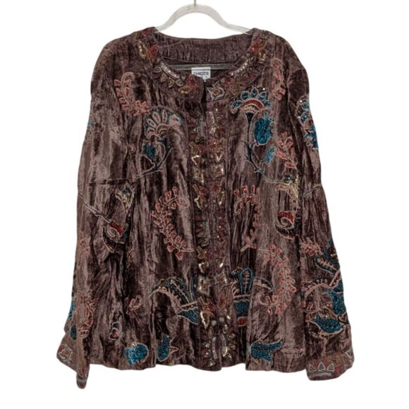 Chicos 2 Velvet Floral Jacket Womens Size Large Brown Beaded Embellished Boho - Picture 1 of 13
